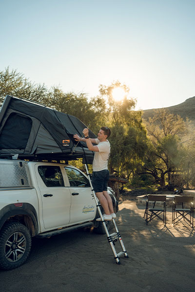 Asco-Car-Hire-Toyota Hilux 4x4 with Rooftop Tents in Namibia Landscape