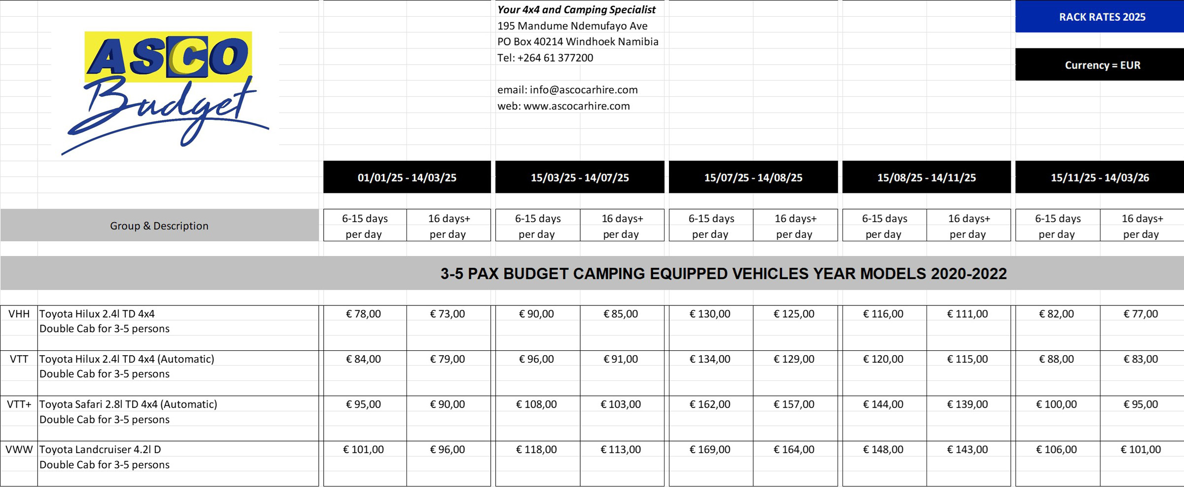 Asco Car Hire Rates 2025 Budget Camping Car Rental 3-5 persons