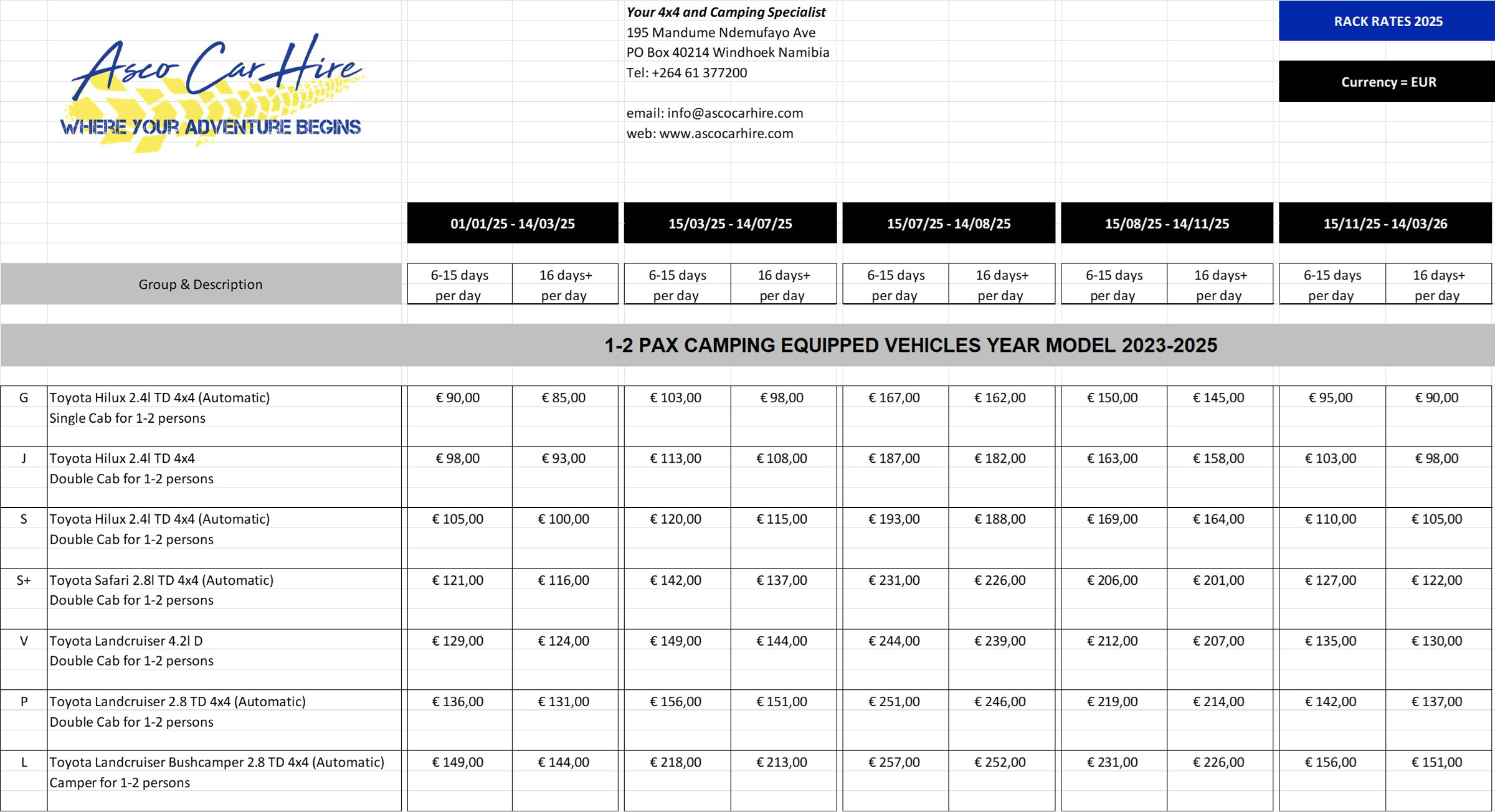 Asco Car Hire Rates 2025 Camping Vehicles 1-2 persons