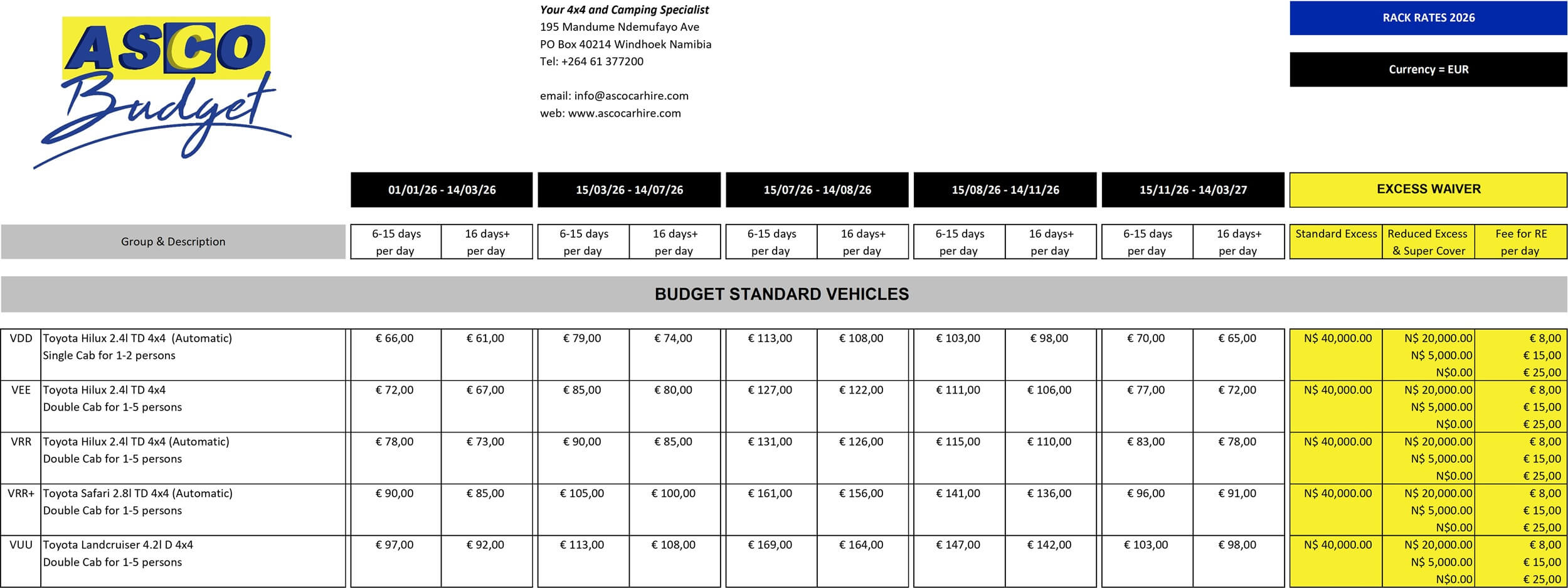 Asco Car Hire Rates 2025 Budget Standard Vehicles