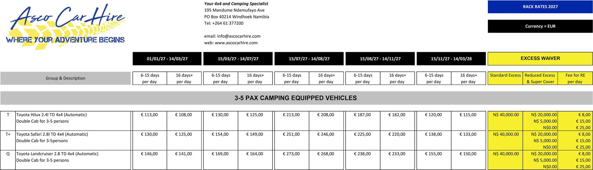 Asco Car Hire Rates 2027 Camping Vehicles 3-5 persons