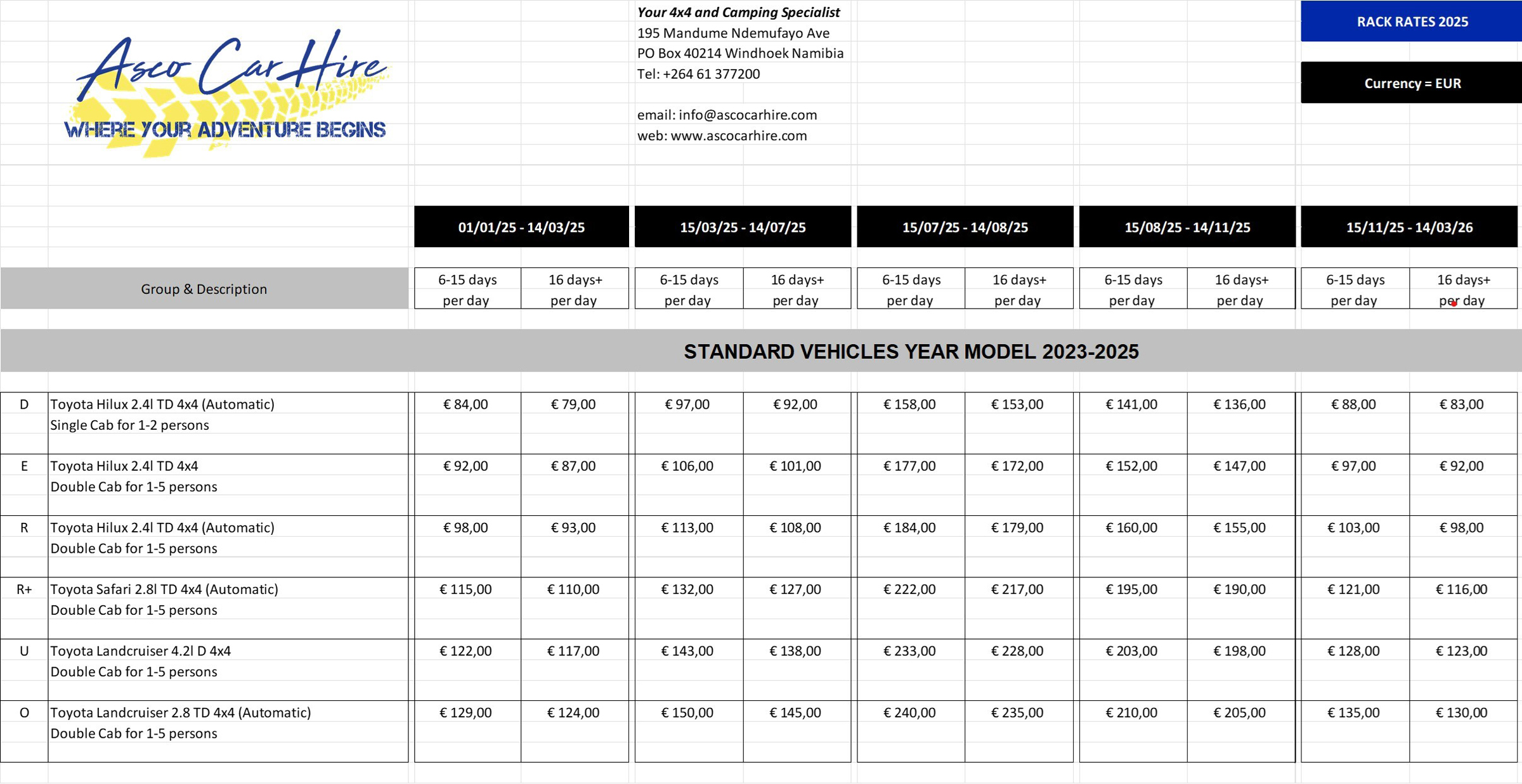 Asco Car Hire Rates 2025 Standard Car Hire Vehicles