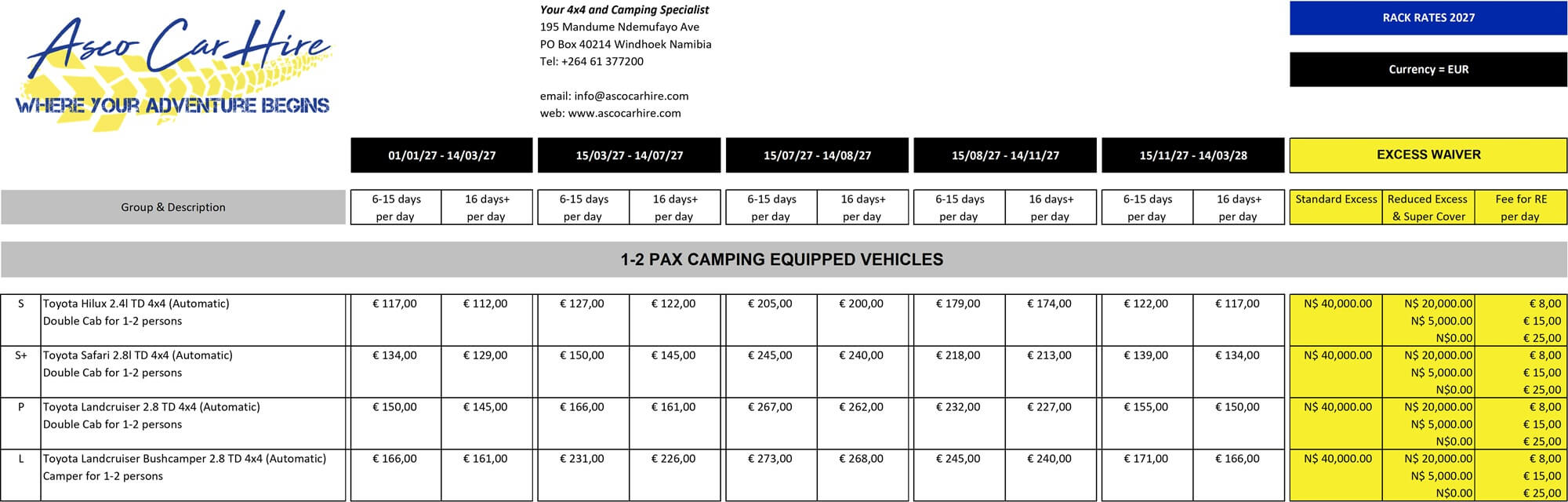 Asco Car Hire Rates 2027 Camping Vehicles 1-2 persons
