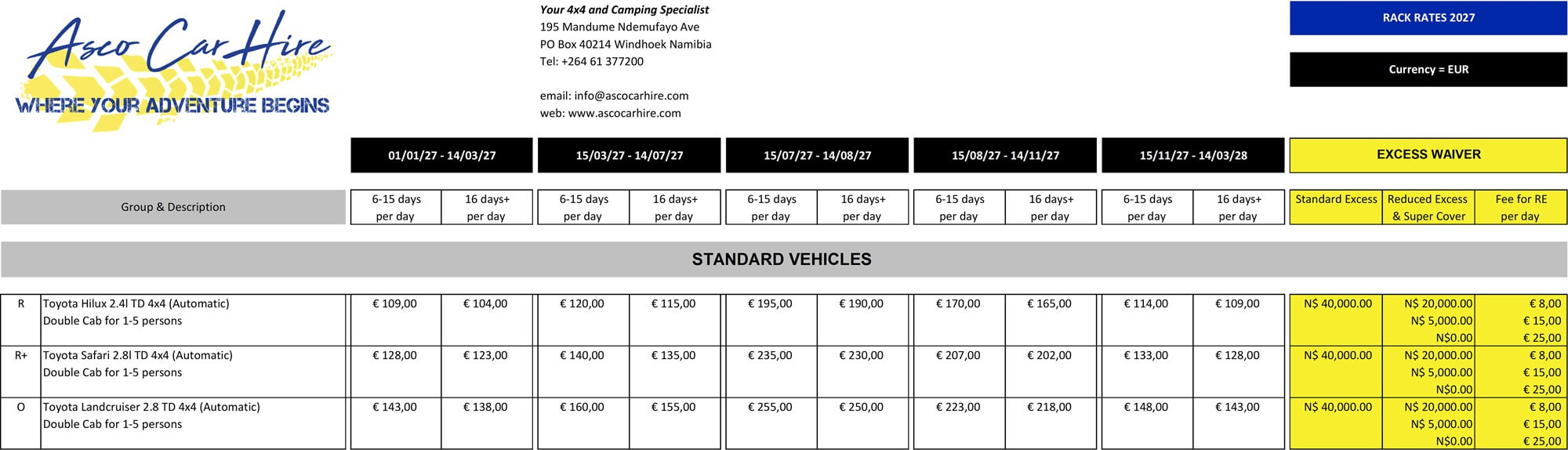 Asco Car Hire Rates 2027 Standard Car Hire Vehicles